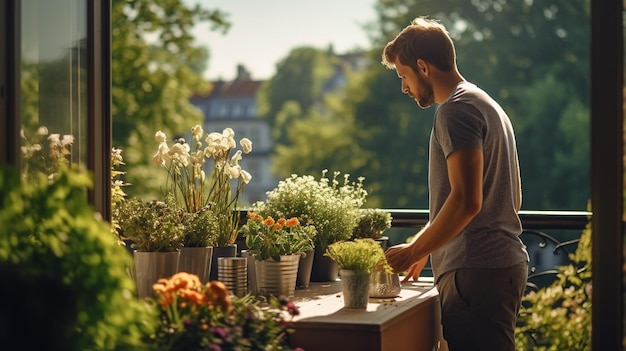 Homem adotando uma rotina matinal serena em uma varanda ensolarada com vista para um vibrante jardim de primavera