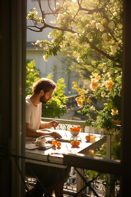 Homem adotando uma rotina matinal serena em uma varanda ensolarada com vista para um vibrante jardim de primavera