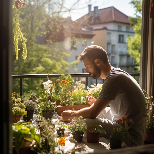 Homem adotando uma rotina matinal serena em uma varanda ensolarada com vista para um vibrante jardim de primavera