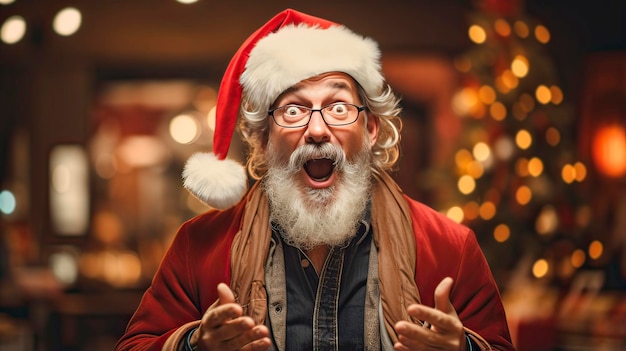 Homem adulto com chapéu de Papai Noel surpreso com alguma notícia ou venda de Natal olhando para o fundo do bokeh da câmera IA generativa