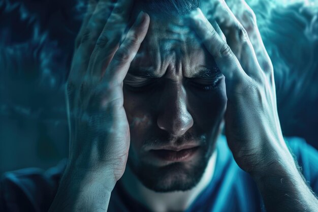 Foto homem adulto com dores de cabeça crónicas graves e problemas de saúde mental
