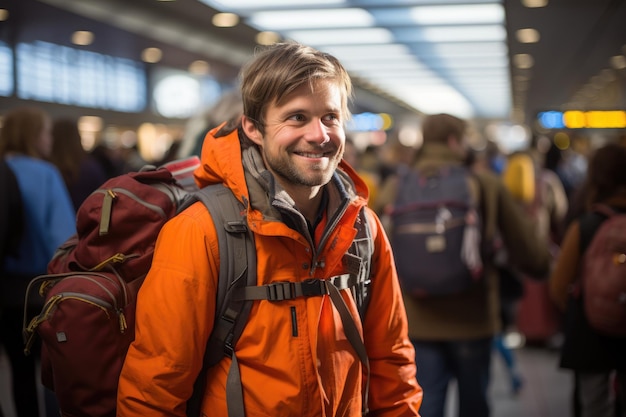 Homem adulto com mochila na estação ferroviária esperando o trem Turista de homem feliz pronto para viagem