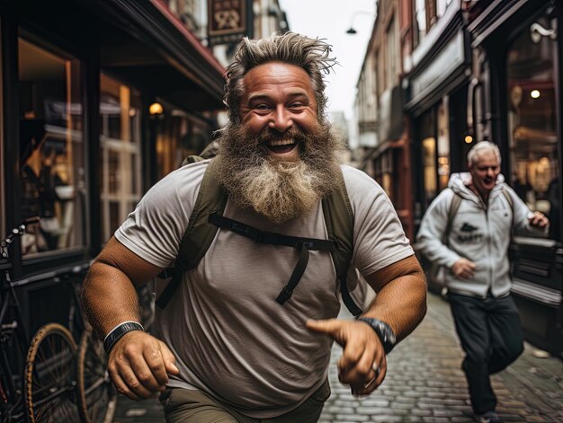 Foto homem adulto com sobrepeso a correr por uma rua da cidade.