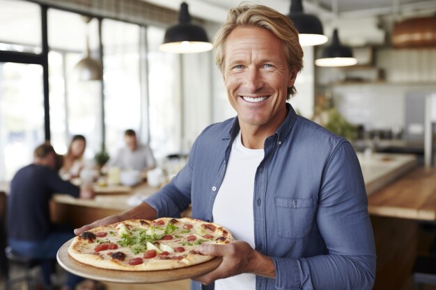 homem adulto de meia idade expressão feliz e conceito de pizza gerado por IA
