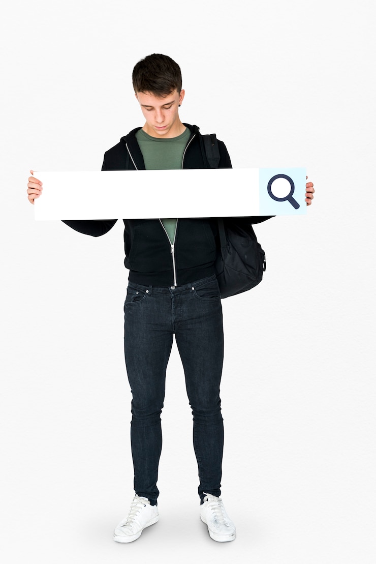 Foto homem adulto jovem, segurando, em branco, busca, bandeira
