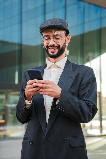 Homem adulto jovem vertical usando um aplicativo de celular no local de trabalho homem barbudo legal se divertindo com um