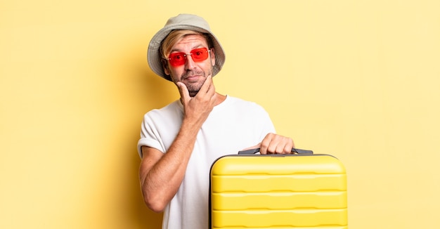 Homem adulto loiro sorrindo com uma expressão feliz e confiante com a mão no queixo. conceito de viajante