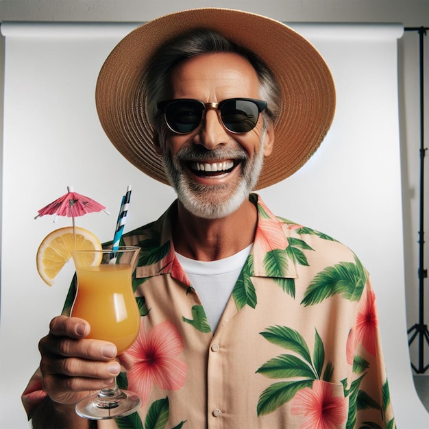 Foto homem adulto sorridente com uma pina colada na mão vestido para uma filmagem de estúdio de verão