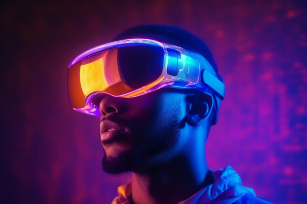 Homem adulto usando óculos de fone de ouvido de realidade virtual VR para jogos e educação