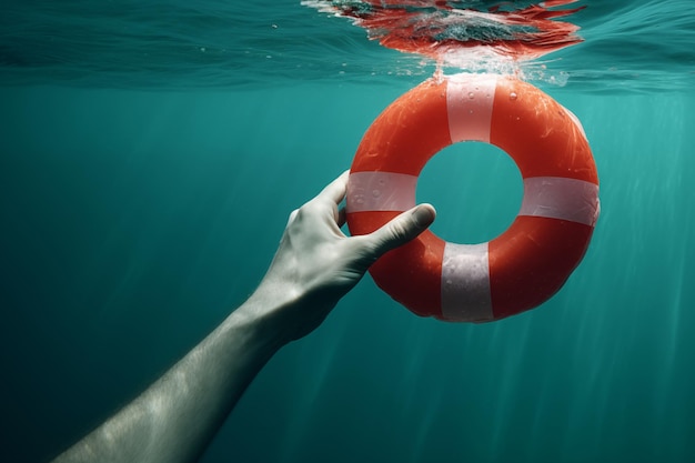 Foto homem afogando-se no mar com uma bóia salva-vidas na mão