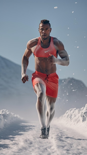 Homem africano correndo na neve corredor masculino