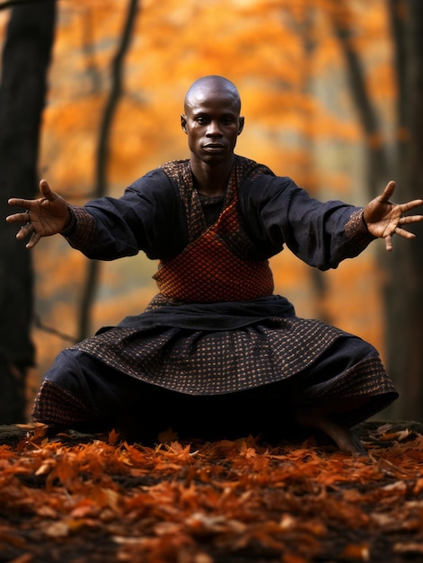 Homem africano em pose dinâmica emocional no fundo do outono