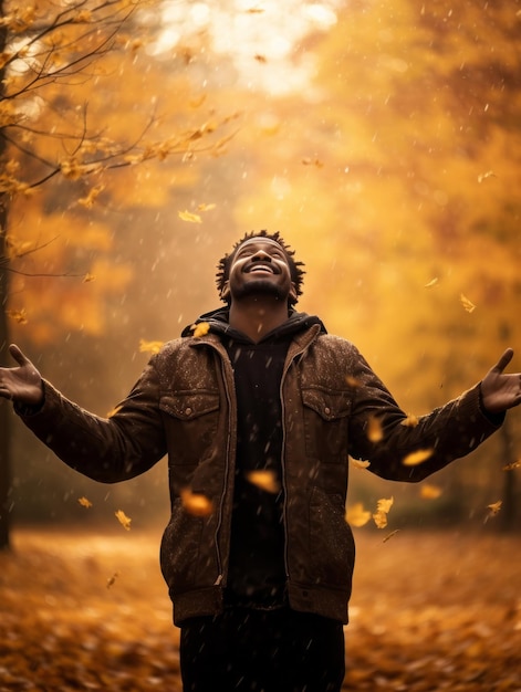 Homem africano em pose dinâmica emocional no fundo do outono