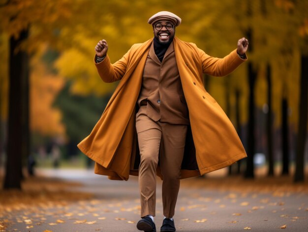 Homem africano em pose dinâmica emocional no fundo do outono