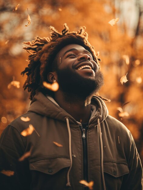 Homem africano em pose dinâmica emocional no fundo do outono