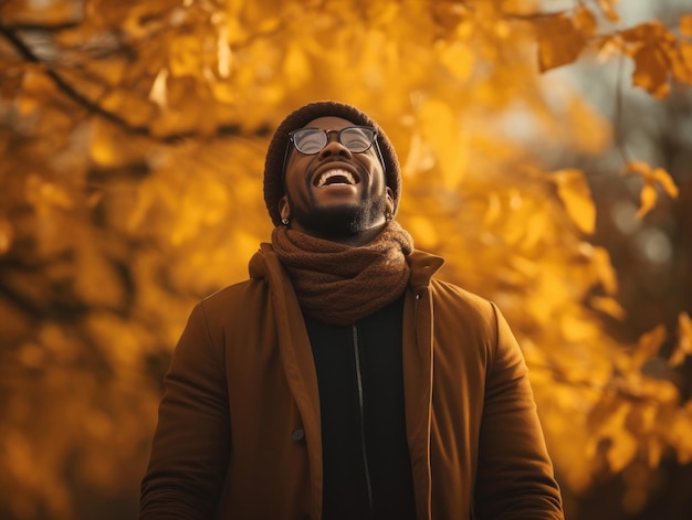 Homem africano em pose dinâmica emocional no fundo do outono