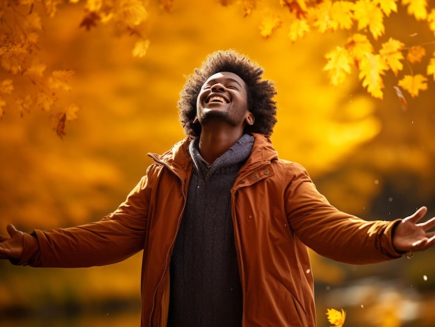 Homem africano em pose dinâmica emocional no fundo do outono