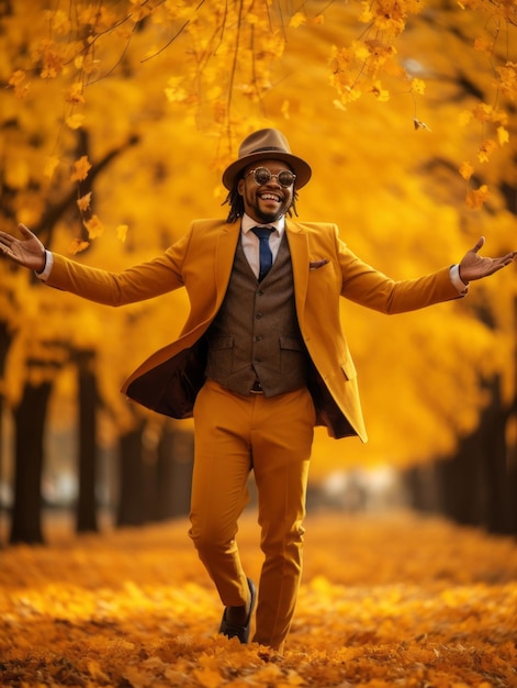 Homem africano em pose dinâmica emocional no fundo do outono