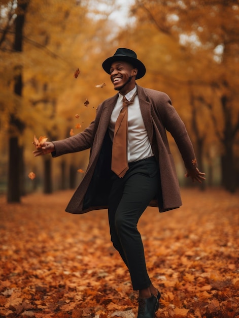 Homem africano em pose dinâmica emocional no fundo do outono