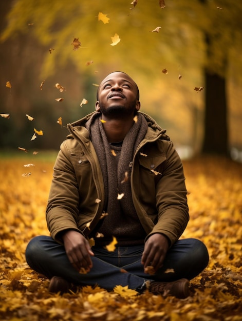 Homem africano em pose dinâmica emocional no fundo do outono