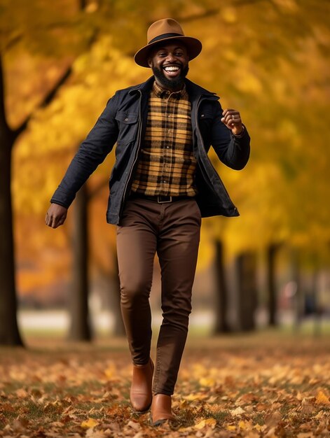 Homem africano em pose dinâmica emocional no fundo do outono