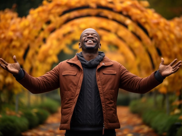 Homem africano em pose emocional dinâmica em fundo de outono