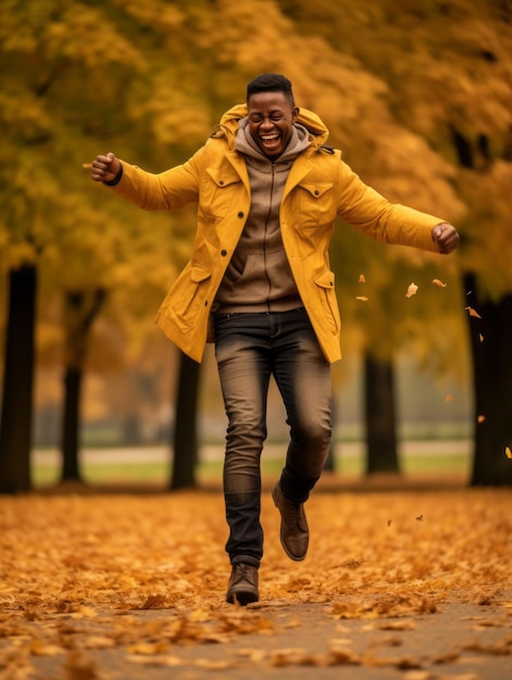 Homem africano em pose emocional dinâmica em fundo de outono