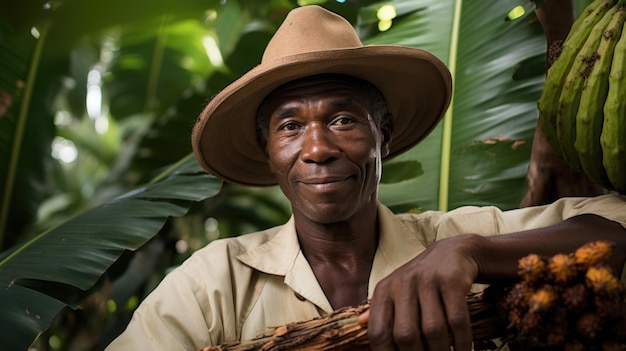 Homem africano idoso sorridente segurando uma cesta de vagens de cacau