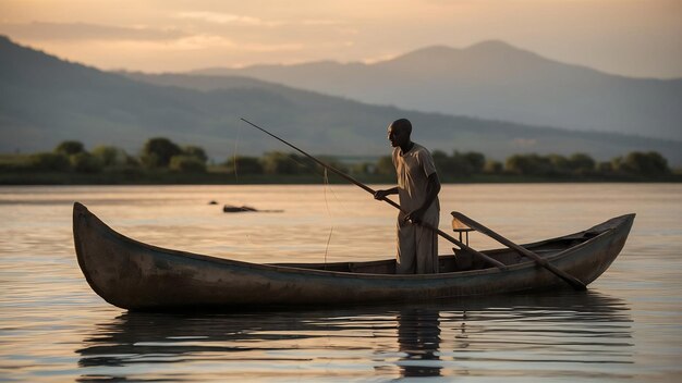 homem africano na velha canoa pescando no lago Kivu, Ruanda