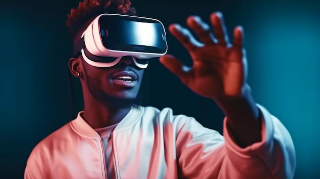 Homem africano tentando usar Generative AI e VR para acessar o metaverso