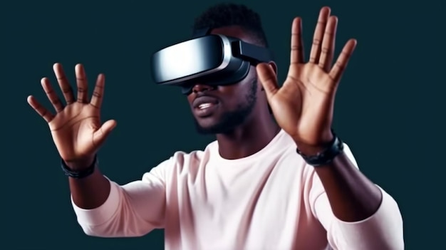 Homem africano tentando usar Generative AI e VR para acessar o metaverso