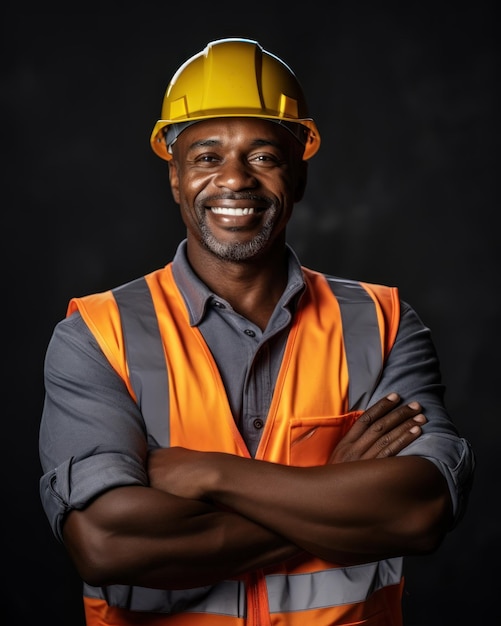 Homem africano trabalhador com o braço cruzado usando capacete protetor laranja em fundo preto