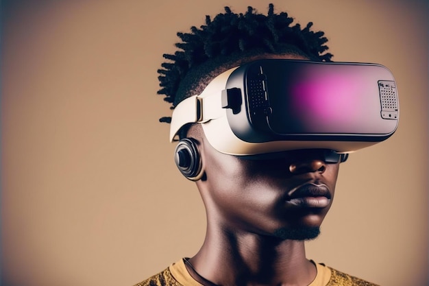 Homem africano usando óculos de realidade virtual em estúdio fundo limpo