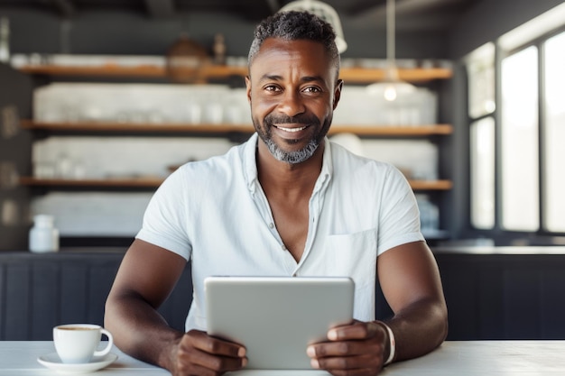 Foto homem afro-americano alegre em roupas casuais com tablet e xícara de café sentado em um café