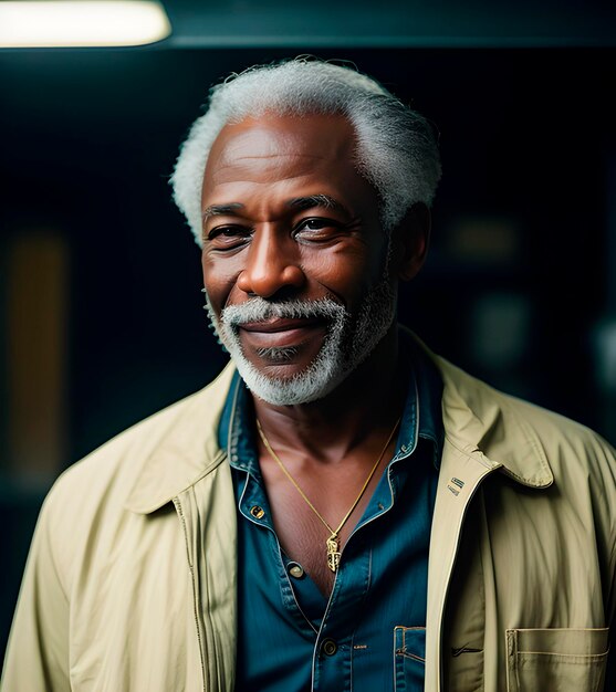 Homem afro-americano atraente de meia idade com cabelos grisalhos e sorrindo