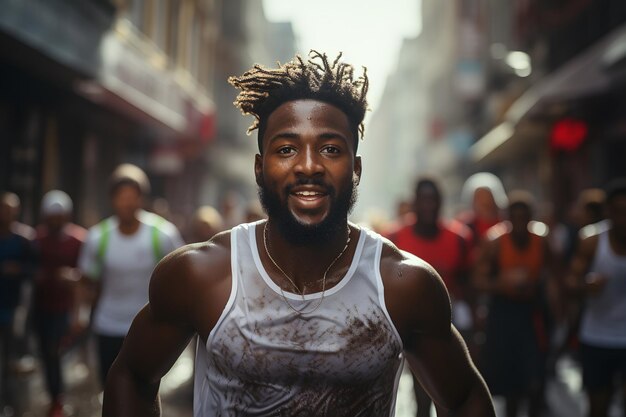 Homem afro-americano bonito a correr pela cidade.