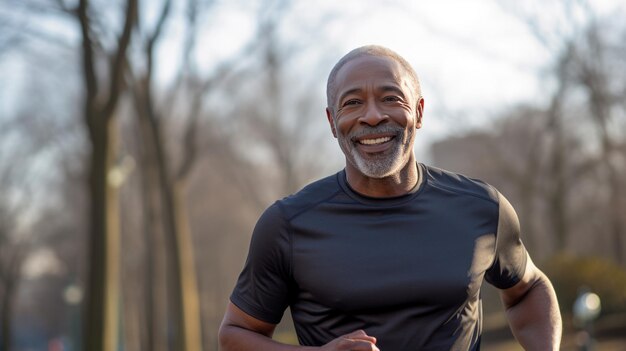 Homem afro-americano bonito corre na estrada na natureza Criado com tecnologia Generative AI