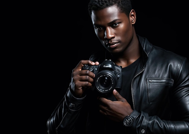 Homem afro-americano bonito em jaqueta de couro segurando câmera isolado em preto