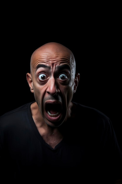 Foto homem afro-americano careca com os olhos bem abertos de extrema surpresa