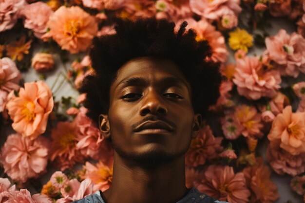 Foto homem afro-americano cercado de flores uma imagem de um homem abstrato retrato de satisfeito