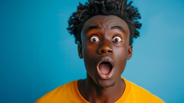 Foto homem afro-americano chocado com camisa amarela em fundo azul