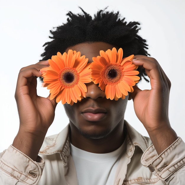 Foto homem afro-americano cobre os olhos com duas gerberas laranjas