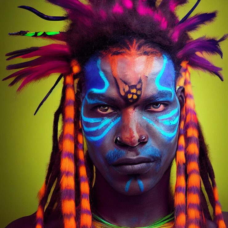 Foto homem afro-americano com cabelo colorido e pintura facial