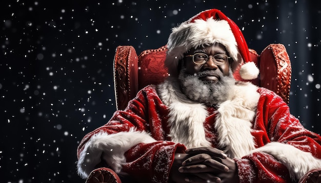 Homem afro-americano com roupa de Papai Noel olhando e ouvindo atentamente seu desejo sentado