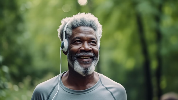 Homem afro-americano correndo no parque e ouvindo música Generative AI