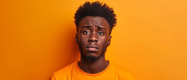 Homem afro-americano de blusa laranja com expressão perplexo contra um fundo laranja