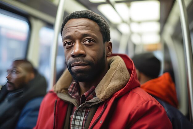 Homem afro-americano de meia-idade pensativo volta para casa no transporte público da cidade depois do trabalho Passageiros que viajam de ônibus ônibus público