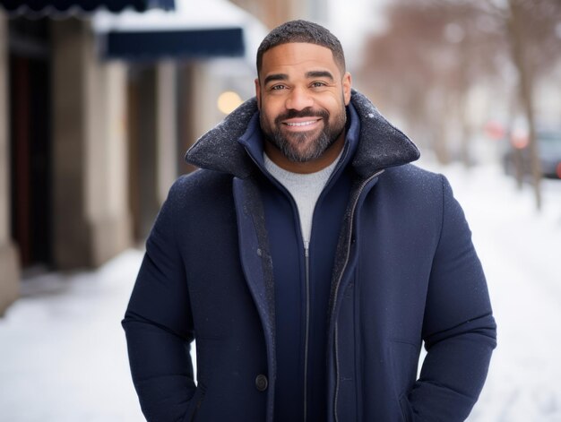 homem afro-americano desfruta do dia de neve de inverno em postura dinâmica emocional brincalhona