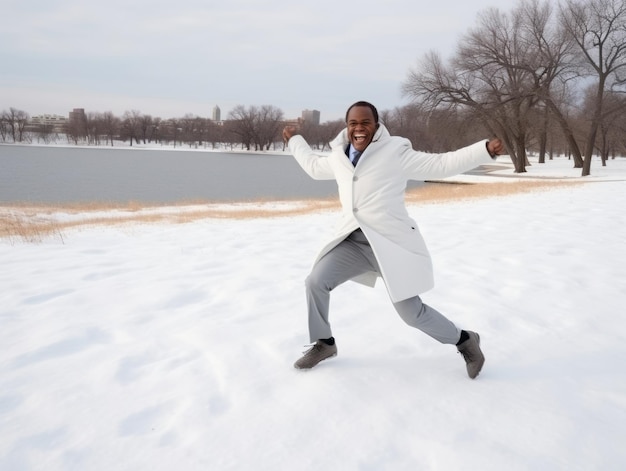 homem afro-americano desfruta do dia de neve de inverno em postura dinâmica emocional brincalhona