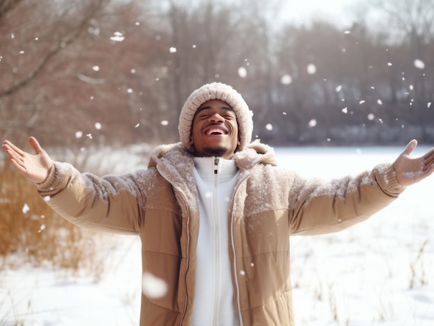 homem afro-americano desfruta do dia de neve de inverno em postura dinâmica emocional brincalhona
